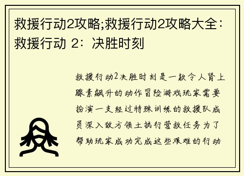 救援行动2攻略;救援行动2攻略大全：救援行动 2：决胜时刻